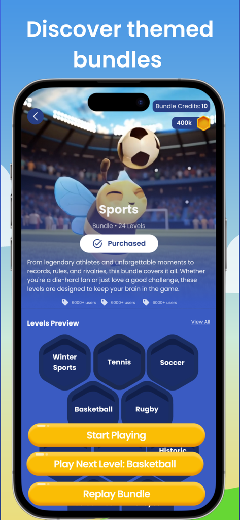 Beehive: Word Puzzle Challenge - Screenshot der Beehive App, der ein Trivia-Paket zum Thema Sport mit Kategorien wie Fußball und Basketball zeigt