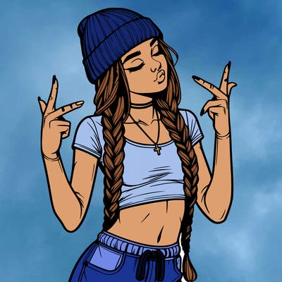 realistic teenage girl with braids and a beanie and crop top doing 🫶🏼