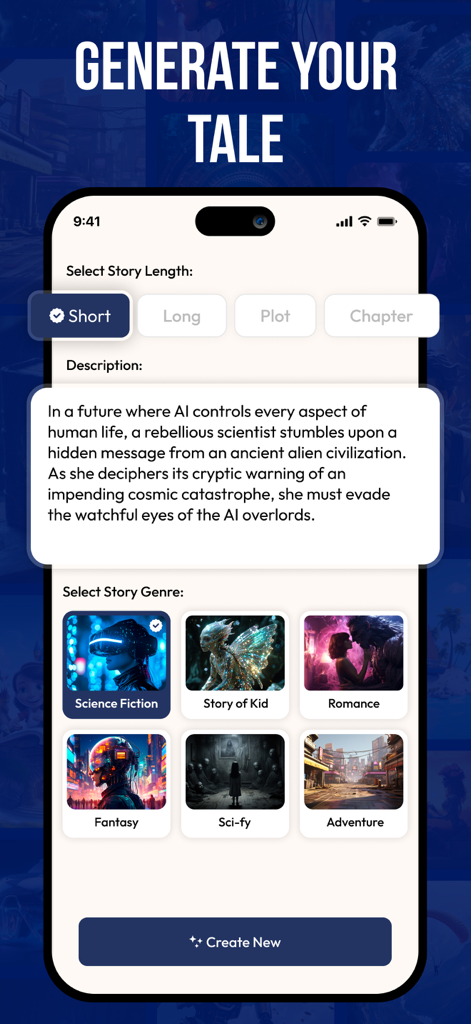 AI Story and Novel Generator - Mobile app interface of STORIO showing story length and genre selection for AI generated tales
