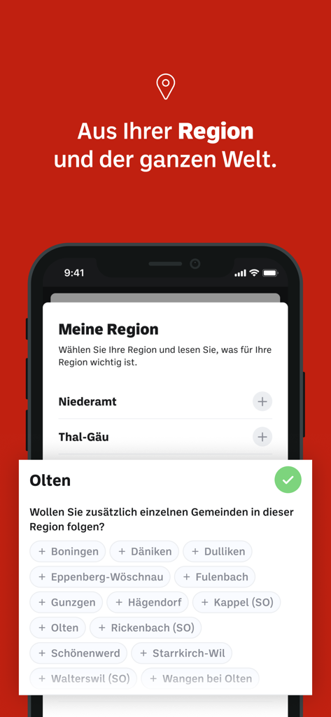 Oltner Tagblatt app interface showing the regional news selection screen for local Swiss municipalities