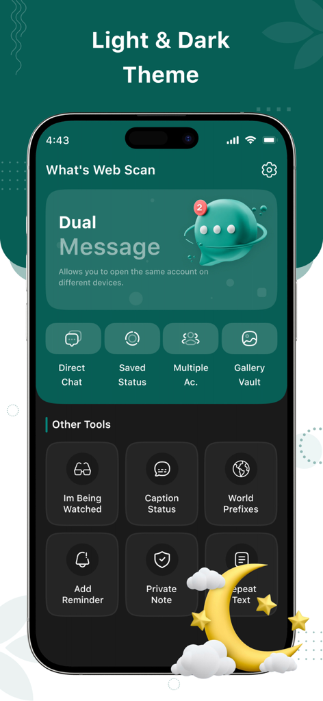 Web Scanner app dashboard in dark mode featuring dual messaging and various utility tools