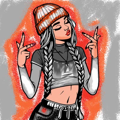 realistic teenage girl with braids and a beanie and crop top doing 🫶🏼