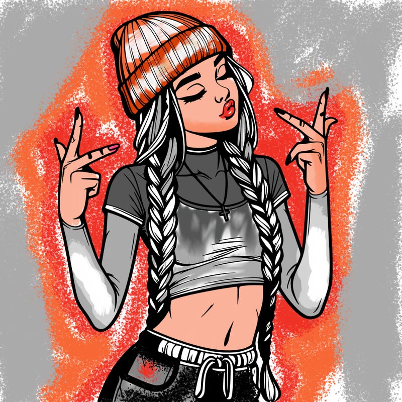 realistic teenage girl with braids and a beanie and crop top doing 🫶🏼