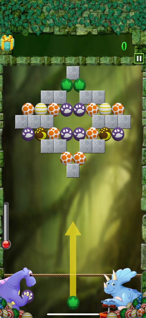 Gameplay screenshot of Egg Shoot Dino showing a bubble shooter level with colorful eggs and dinosaurs