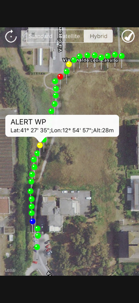 pathRecorder - come back - Satellite map view showing a breadcrumb trail of colored waypoints and a popup with specific alert coordinates including latitude and longitude