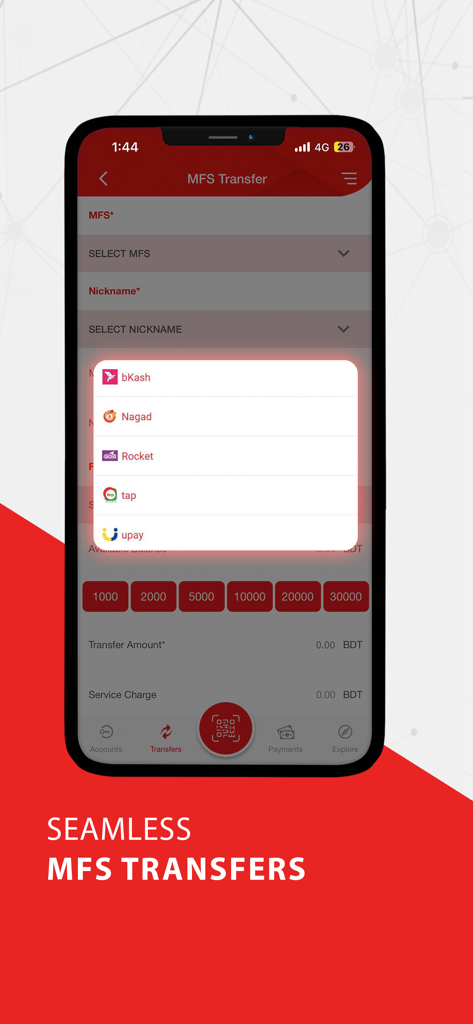 Citytouch - Citytouch app interface for seamless mobile financial services transfers including options for bKash and Nagad.