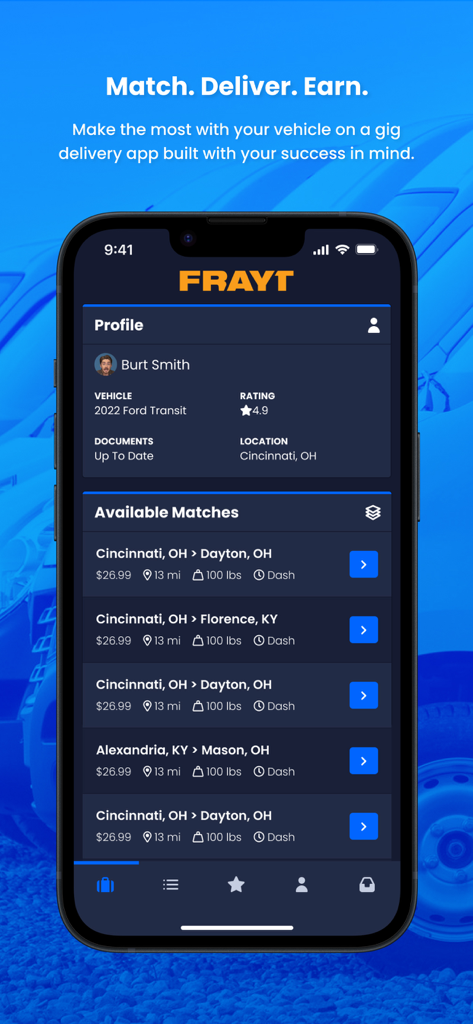 FRAYT Driver - FRAYT Fahrer App-Oberfläche, die verfügbare Lieferungsübereinstimmungen und ein Fahrerprofil für einen Ford Transit Lieferwagen zeigt.