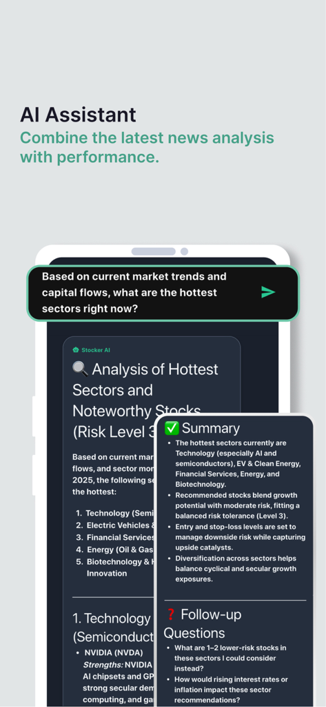 Stocker Professional - Interfaz de la aplicación móvil Stocker Professional que muestra el Asistente de IA proporcionando análisis de tendencias del mercado personalizados y perspectivas del sector de inversión.