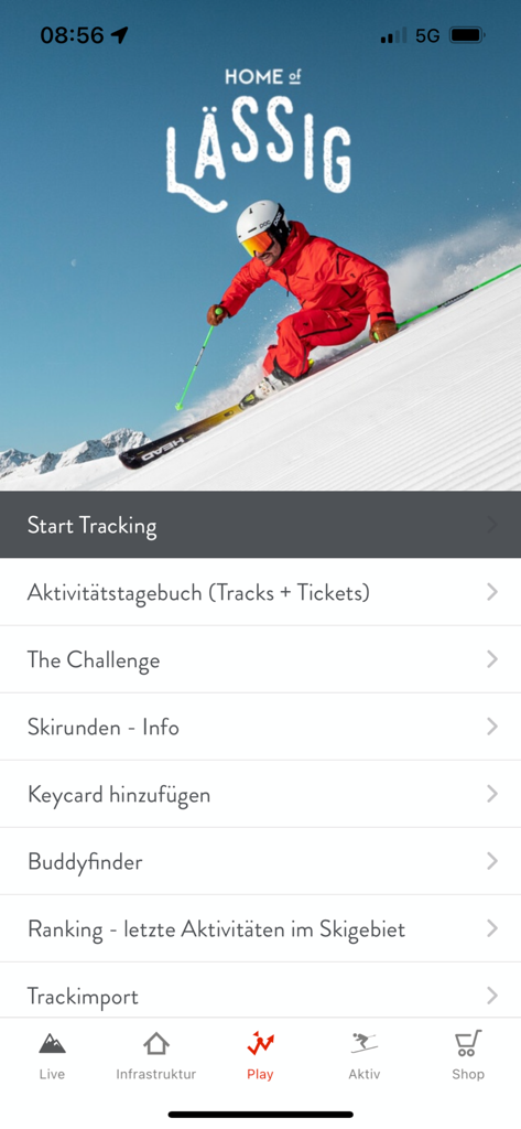 Saalbach Hinterglemm - Saalbach Hinterglemm mobile app interface showing the Play menu with ski tracking and activity options