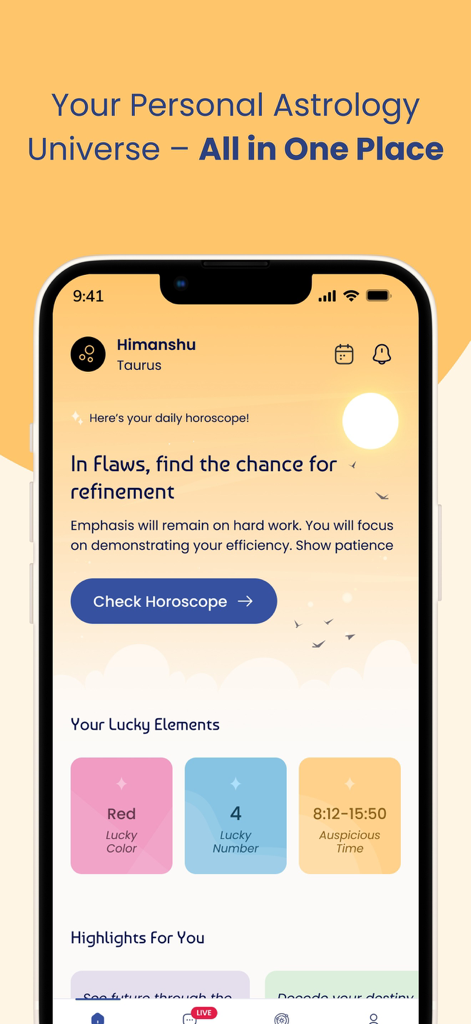 Horocosmo - Talk To Astrologer - Horocosmo astrology app interface with daily horoscope and personalized lucky elements