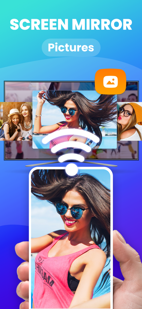 Screen Mirroring Smart View - Uma pessoa usando um iPhone para transmitir uma foto para uma tela de televisão via espelhamento de tela