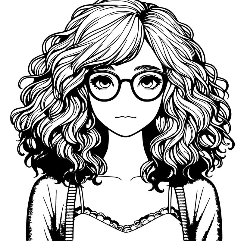 realistic girl with frizzy hair in a middle part the girl is wearing glasses a tank top and a cardagin