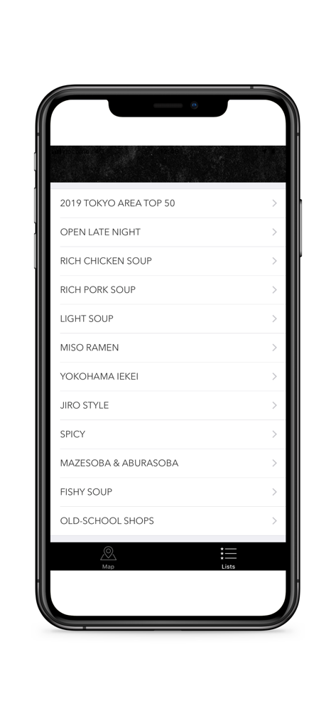 A list of curated ramen categories in the Ramen Beast app including Tokyo Top 50 and Jiro style