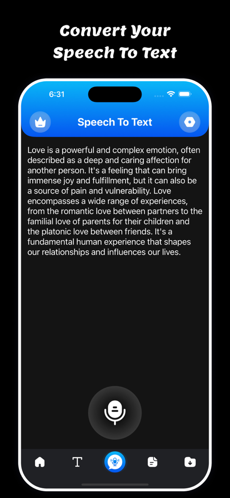 Speech To Text: Voice Notes - Interfaz de la aplicación Texto a Voz que muestra dictado de voz continuo en una pantalla móvil