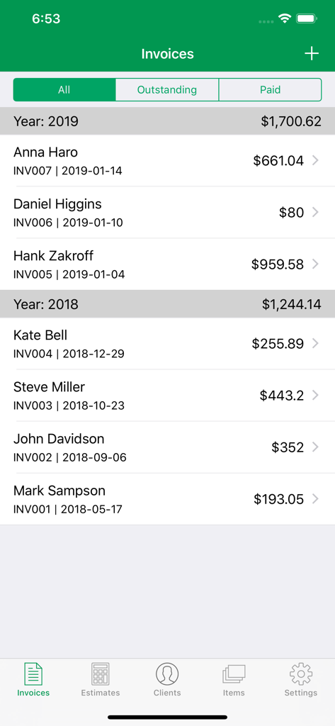 Interface de um aplicativo de fatura para pequenas empresas mostrando uma lista de faturas com nomes de clientes e valores
