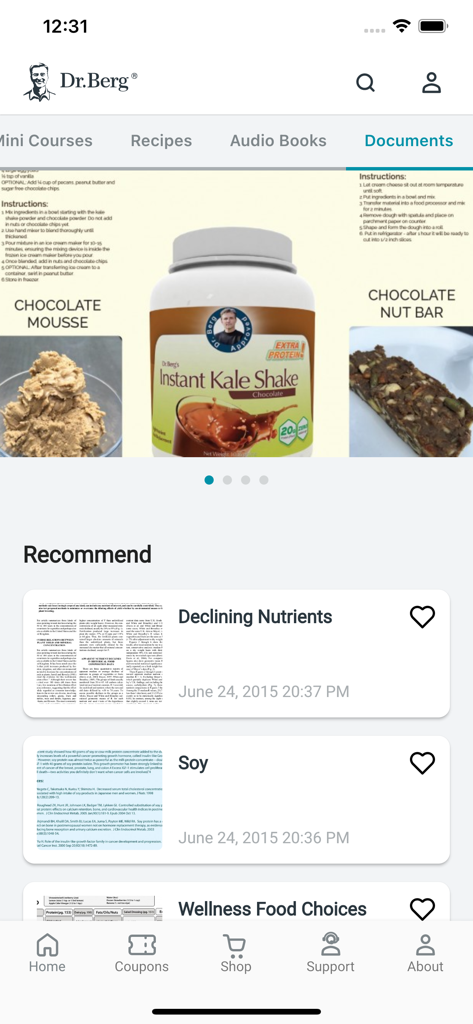 Dr. Berg - Dr. Berg app documents screen showing keto recipes and nutritional health articles.