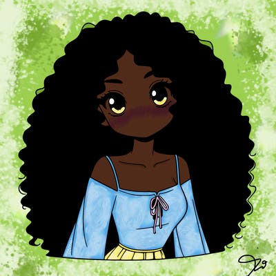 a black anime girl with long afro hair
