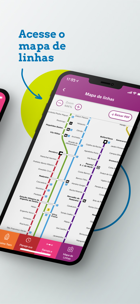 SuperVia app interface displaying a detailed suburban train line map of Rio de Janeiro