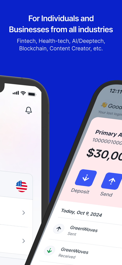 ORO Bank mobile app interface showing account balance and transaction history for various industries