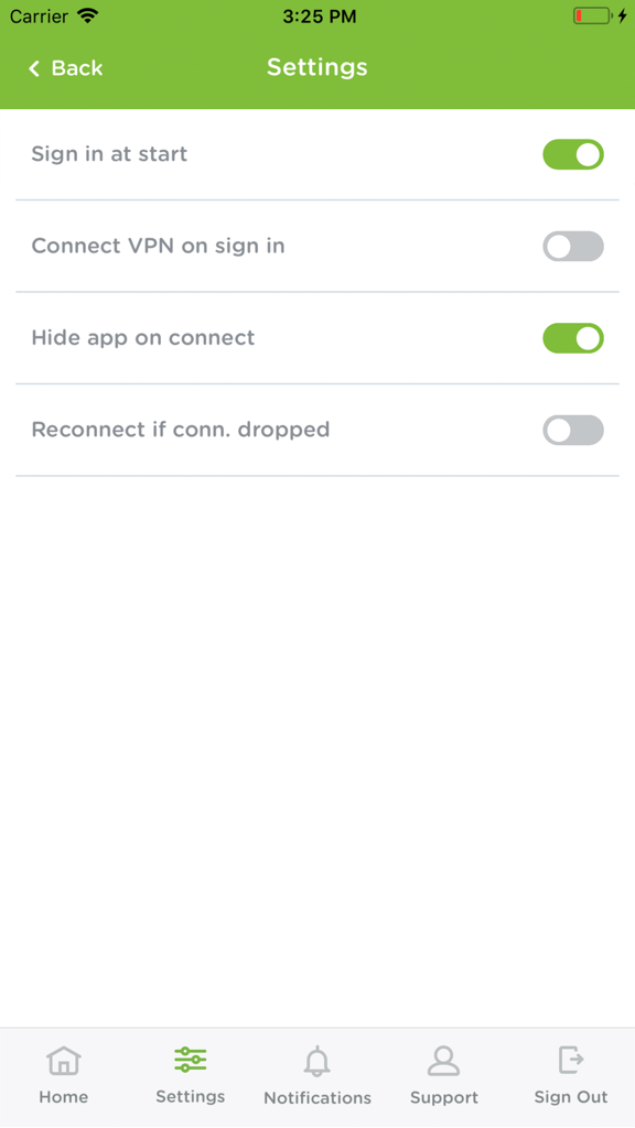 HideIPVPN - VPN & Smart DNS - HideIPVPN mobile app settings menu with connection and login toggles