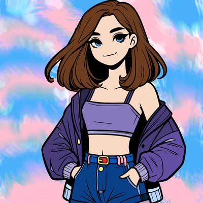 a realistic girl with a crop top and short shorts in an open jacket