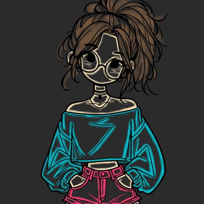 girl with a messy ponytail glasses a baggy crop top and jean shorts