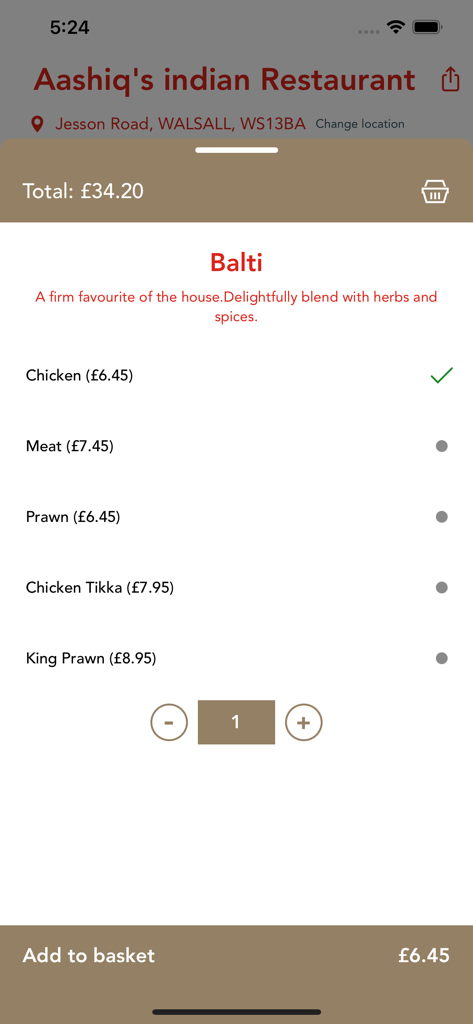 Aashiq's indian Restaurant - Mobile app screen for Aashiqs Indian Restaurant showing selection options for a Balti dish with prices and an add to basket button