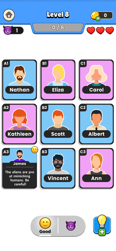 Clue Master - Logic Puzzles - Clue Master mobile game interface showing Level 8 logic grid with nine characters and a deduction clue.