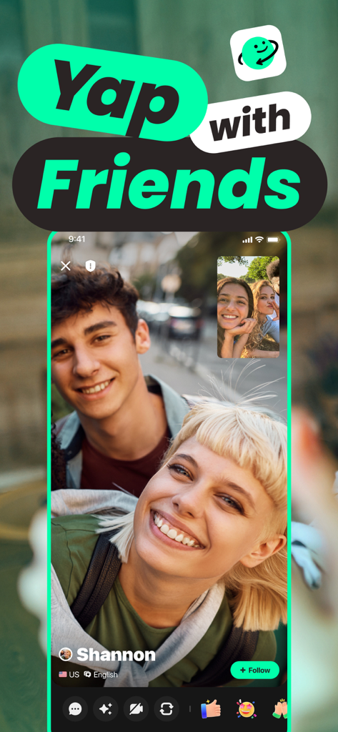 Captura de pantalla de la aplicación Azar mostrando una videollamada en vivo entre amigos jóvenes con el texto Yap with Friends