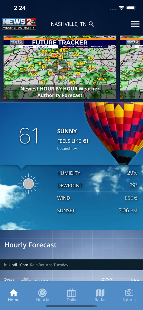WKRN Weather Authority - WKRN Weather Authority app dashboard showing current Nashville weather conditions and hourly forecast