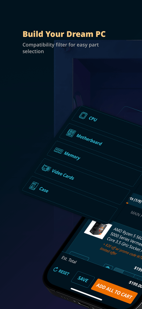 Newegg mobile app PC builder tool with compatibility filter for selecting computer components