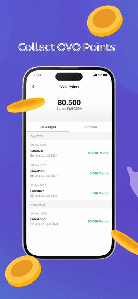 OVO app screen displaying points balance and transaction history for Grab services