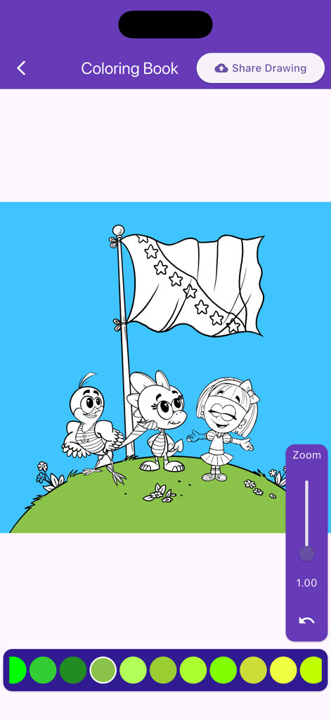Digital coloring book in the ABC Djeca app featuring cartoon characters and the flag of Bosnia