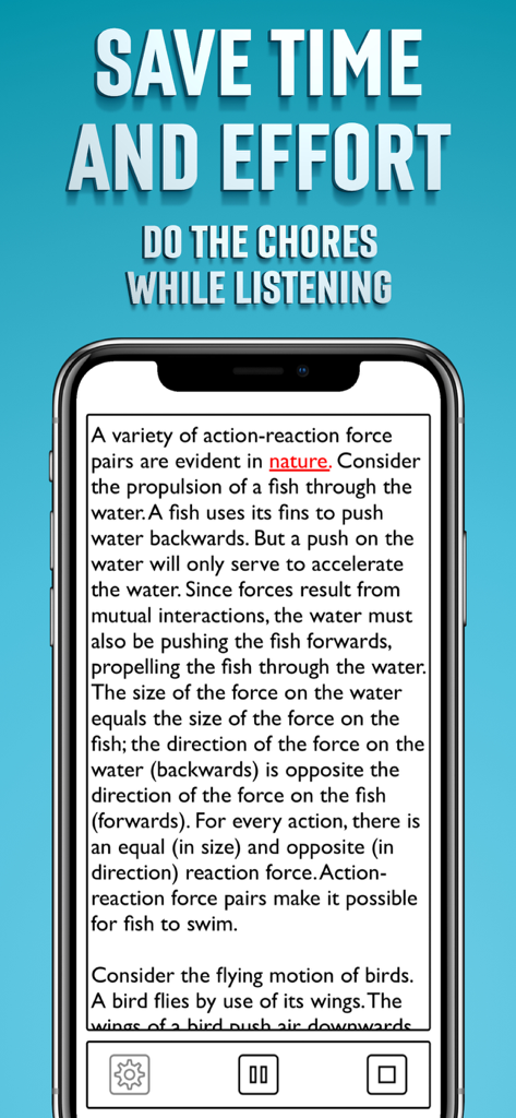 時間を節約するスローガンと再生コントロールを備えたテキスト記事を表示するテキスト読み上げアプリのインターフェース