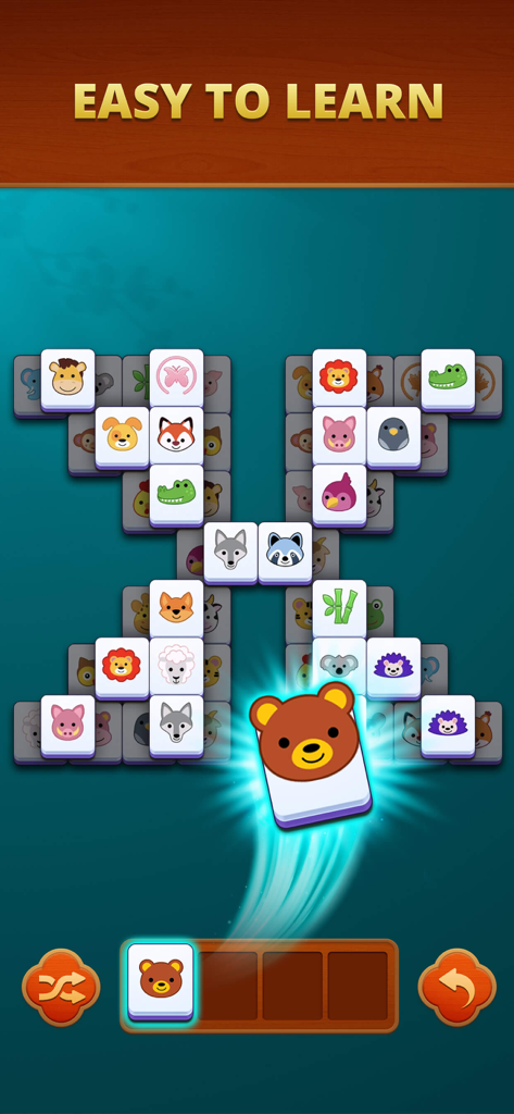 Mahjong Match - Pair Puzzle - Ein mobiler Spielbildschirm für Mahjong Match mit Tiermotiven und einem passenden Feld mit dem Titel Leicht zu lernen