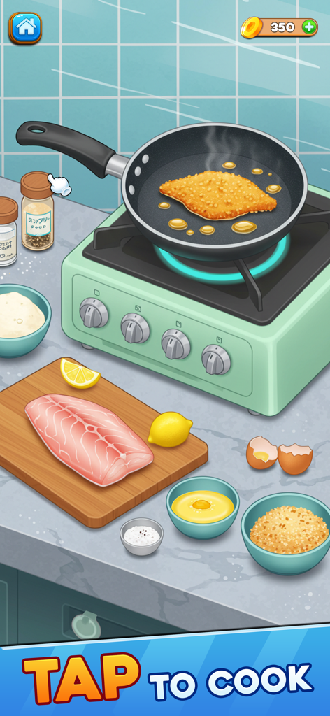 A satisfying cooking mini game in Satisclean showing a fish fillet being fried in a pan on a green stove