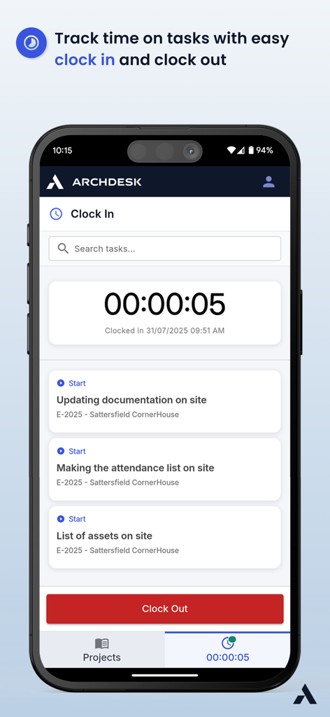 Archdesk Lite mobile interface for tracking time on construction tasks with clock in and clock out buttons