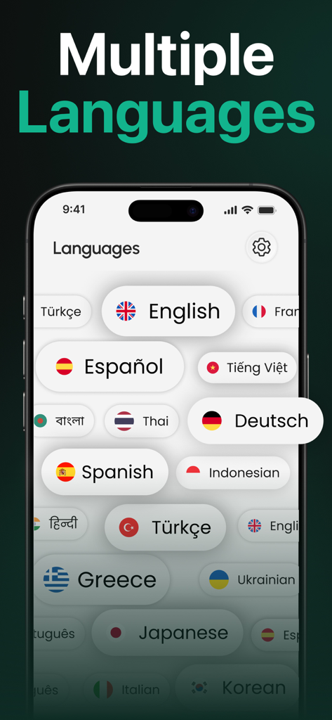 AI Detector : Text Humanizer - Mobile app screen showing multiple language support for AI detection and text humanization features