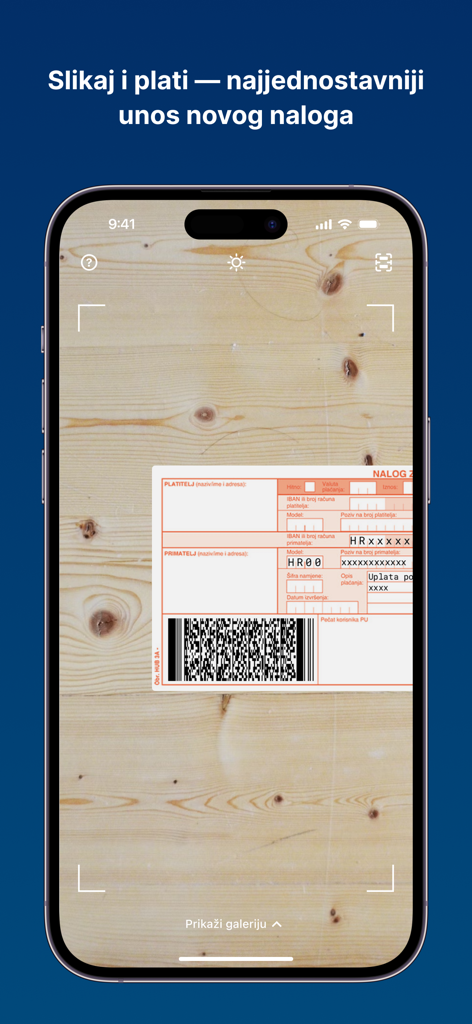 iPhone screen showing Erste mBanking PhotoPay feature scanning a payment slip