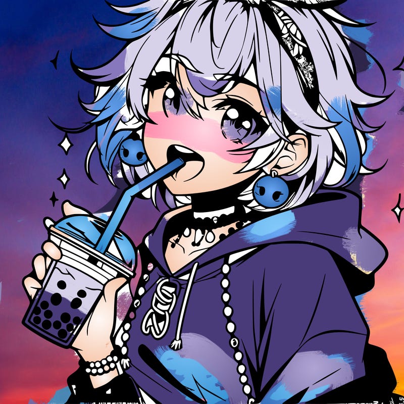 hot baddie anime girl drinking boba and biting the straw