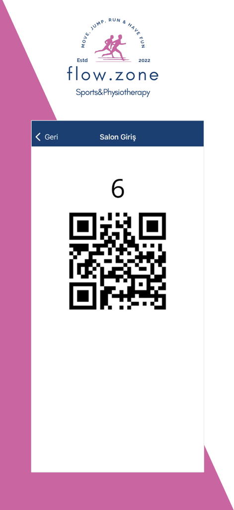 Flow Zone - Pantalla de código QR de la aplicación Flow Zone para registro de entrada al estudio sin contacto