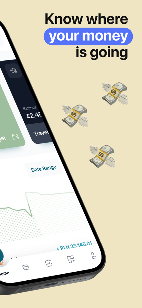 Money Flow: Easy Budget App - Tela do aplicativo Money Flow mostrando gráficos financeiros e o texto Saiba para onde seu dinheiro está indo