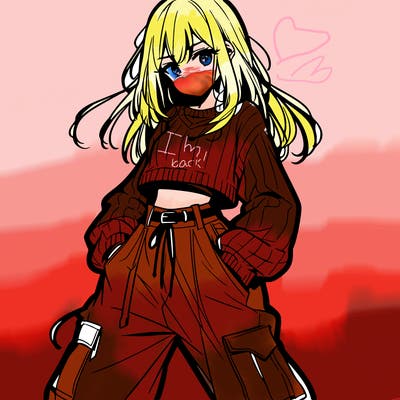 anime teen girl with baggy pants and crop top with sweater