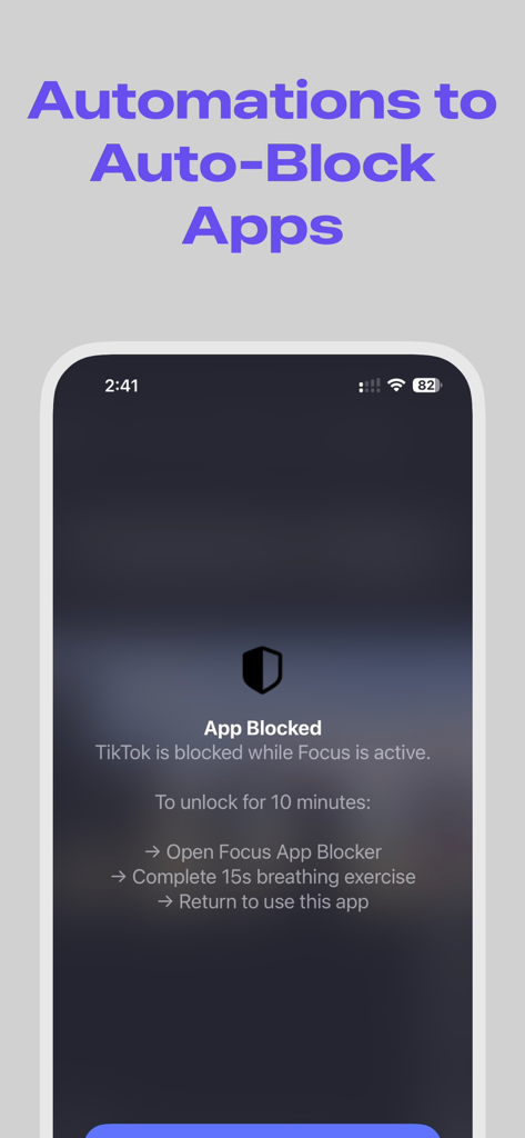Focus App Blocker - Pantalla de Focus App Blocker mostrando TikTok bloqueado y cómo desbloquear con un ejercicio de respiración.