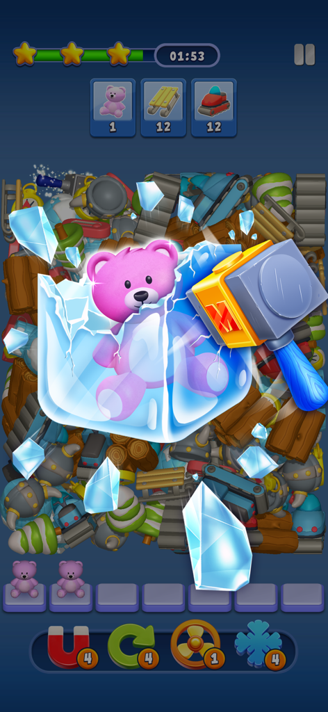 Match Manor - A hammer smashing an ice cube to release a pink teddy bear in the Match Manor mobile game.