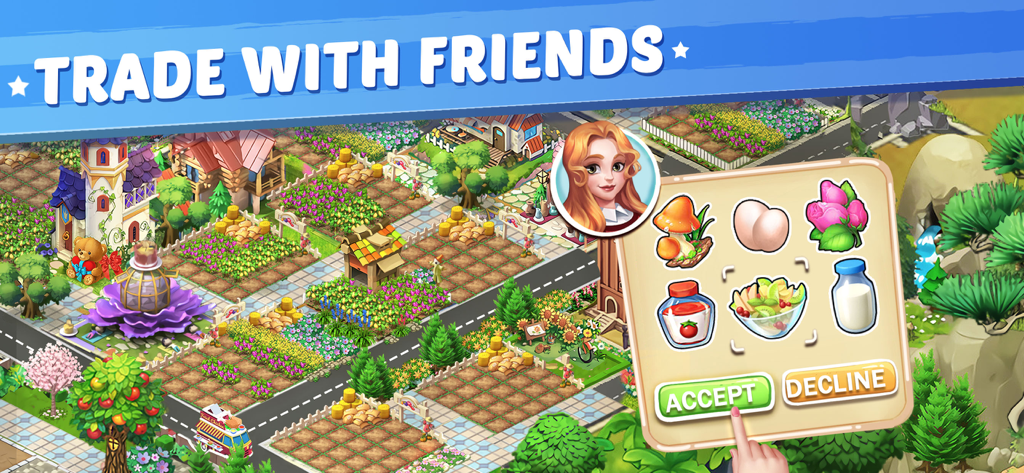 Lily City: Building metropolis - Interface showing how to trade farm goods with friends in Lily City Building Metropolis
