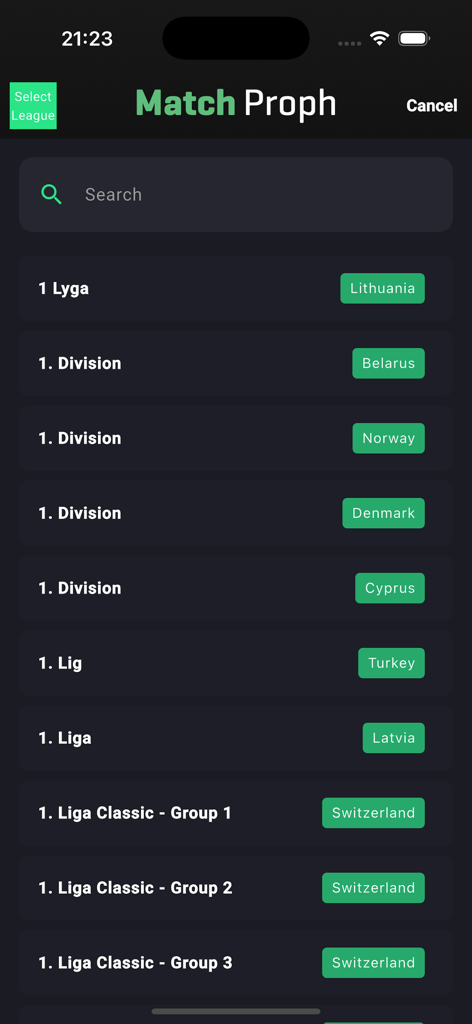 Interface for selecting soccer leagues from various countries in the GOAL365 app