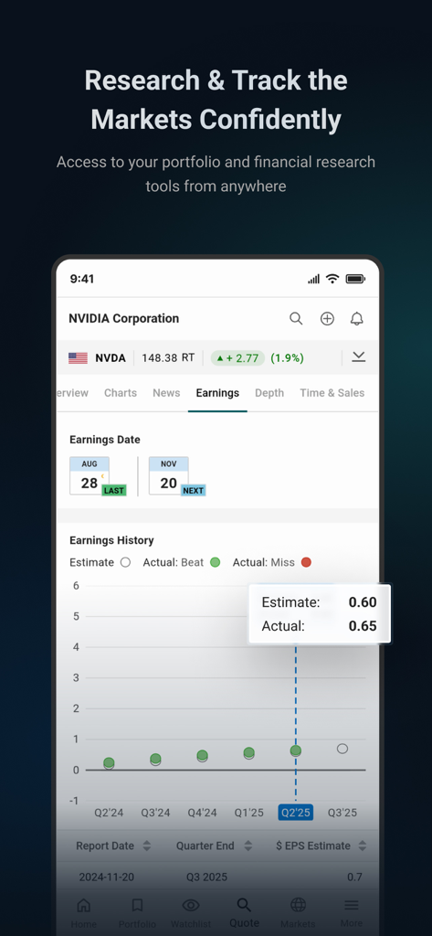TMX PowerStream Mobile - TMX PowerStream Mobile app interface showing NVIDIA stock earnings history and financial research tools.