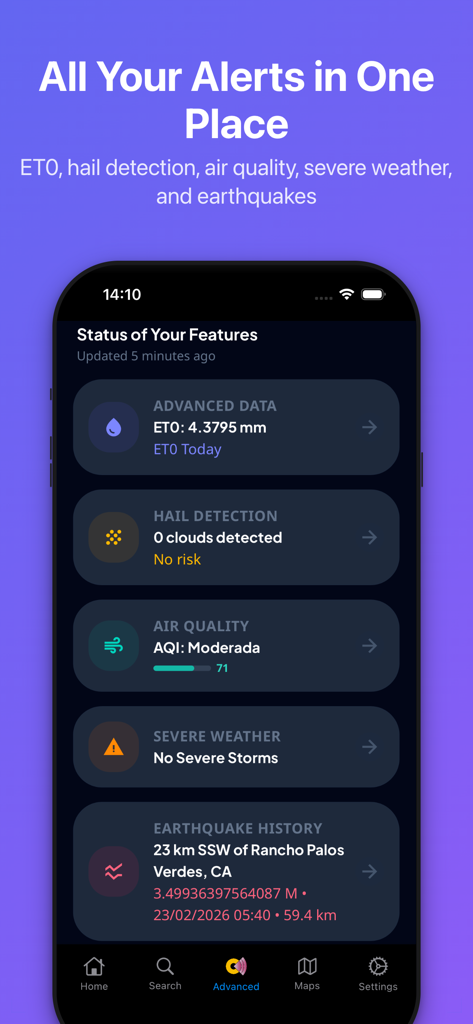 Contingencias - Pantalla de smartphone que muestra el panel de la aplicación Contingencias con alertas de datos ET0, detección de granizo, calidad del aire, clima severo e historial de terremotos