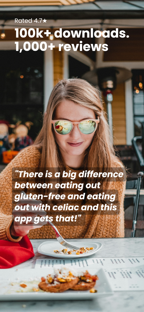 Gluten Dude: GF Restaurants - A woman eating at an outdoor restaurant with a testimonial about the Gluten Dude app's focus on celiac disease safety.